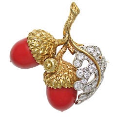 Retro TIFFANY & Co. Donald Claflin Coral & Diamond Acorn Brooch