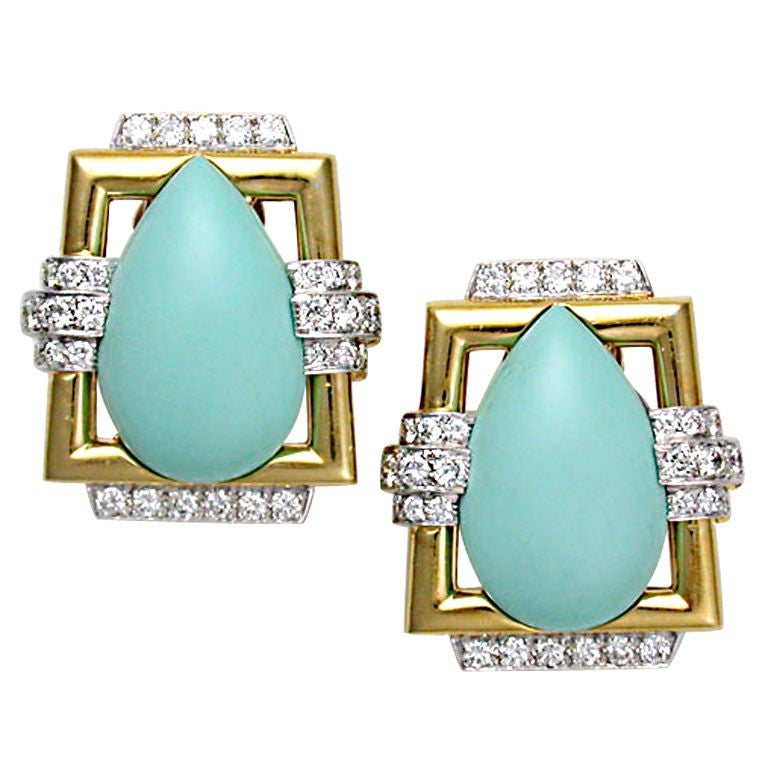 DAVID WEBB Turquoise & Diamond Earclips