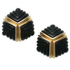 Carved Black Onyx & Gold Earclips