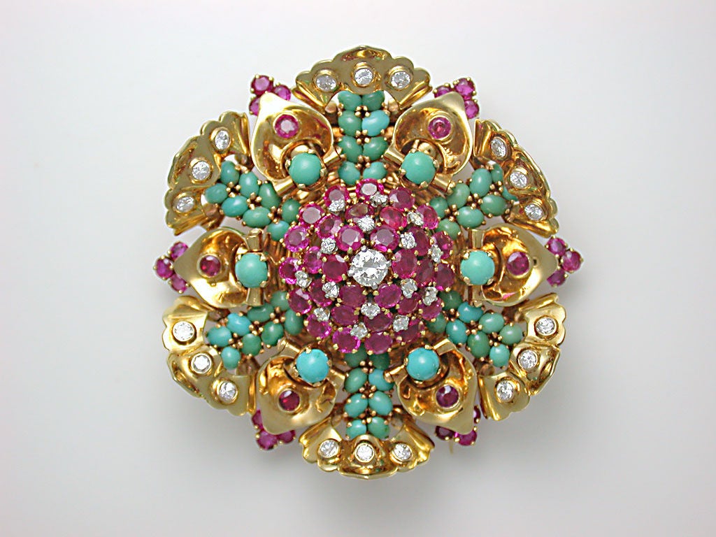 JOHN RUBEL CO. Turquoise, Ruby & Diamond Flower Brooch In Excellent Condition For Sale In New York, NY
