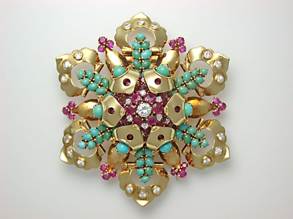Women's JOHN RUBEL CO. Turquoise, Ruby & Diamond Flower Brooch For Sale