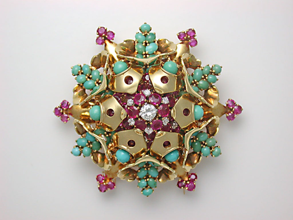 JOHN RUBEL CO. Turquoise, Ruby & Diamond Flower Brooch For Sale 1