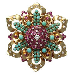 JOHN RUBEL CO. Turquoise, Ruby & Diamond Flower Brooch