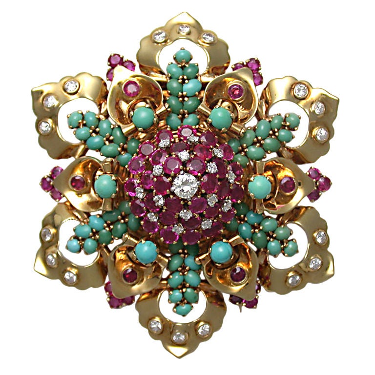 JOHN RUBEL CO. Turquoise, Ruby & Diamond Flower Brooch For Sale