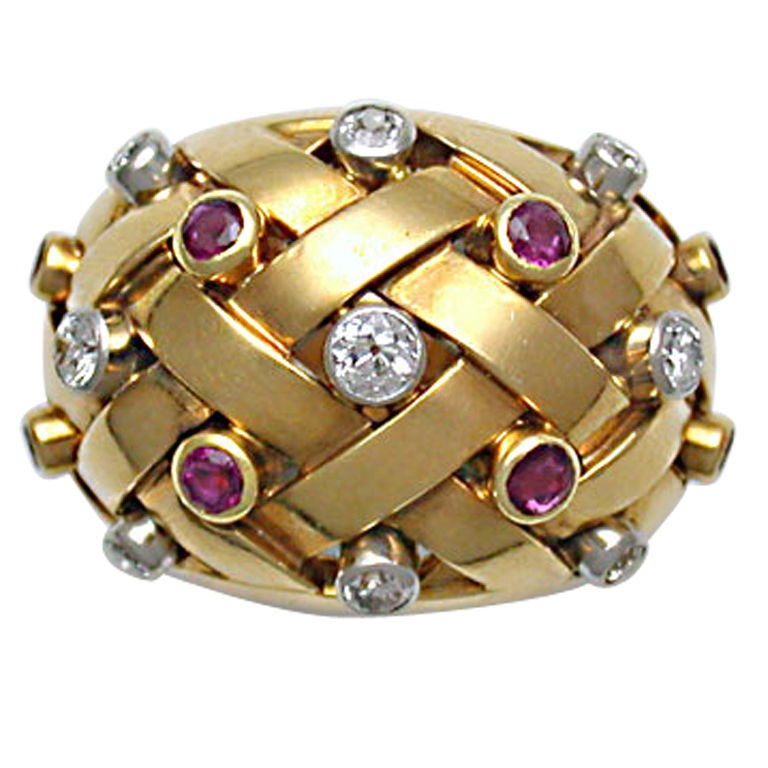Chic French Ruby Diamond Cocktail Ring For Sale at 1stDibs