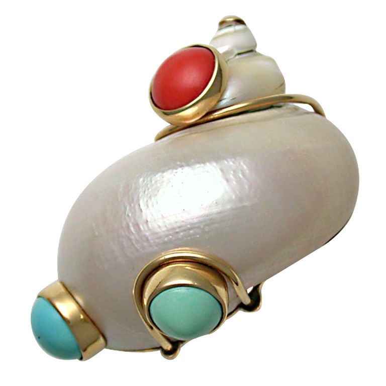 SEAMAN SCHEPPS Shell, Coral & Turquoise Brooch