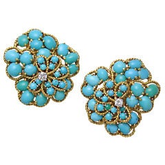 VAN CLEEF & ARPELS Turquoise & Diamond Floral Earclips, 1963