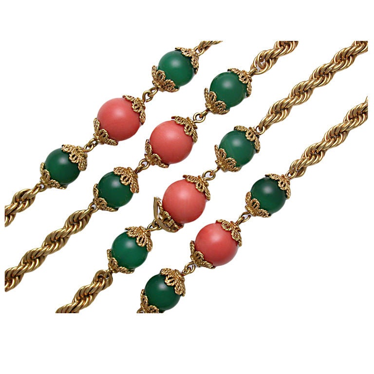 Pair of French Coral Green Onyx Nesting Long Chains For Sale