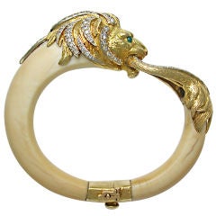 Vintage French Gold, Ivory & Diamond Lion Cuff Bangle