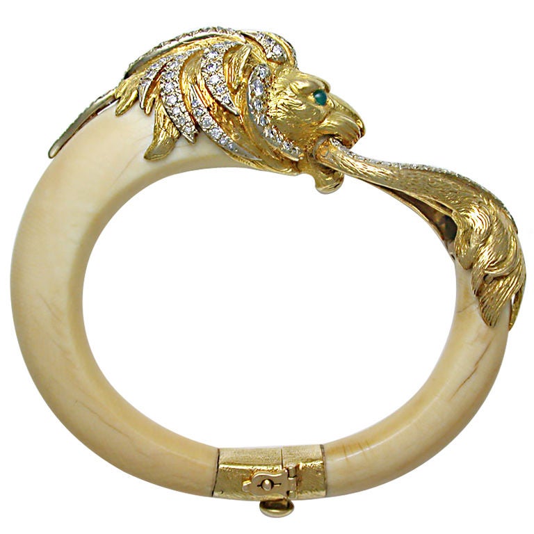 French Gold, Ivory & Diamond Lion Cuff Bangle