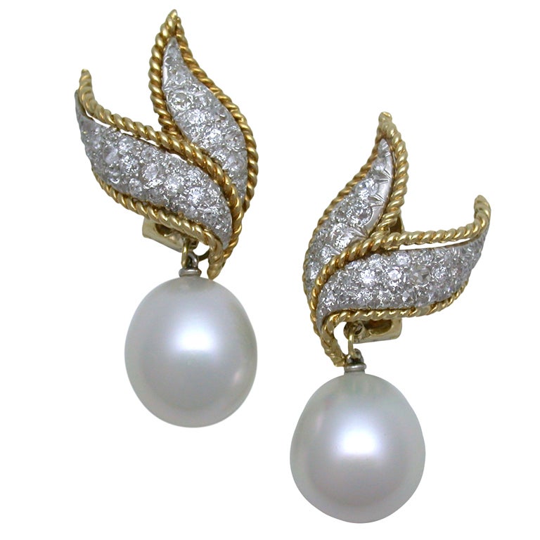 DAVID WEBB South Sea Pearl and Diamond Drop Earclips at 1stdibs