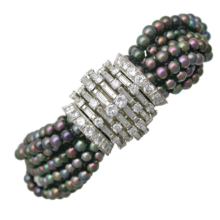 Ostier Pearl Diamond Torsade Bracelet For Sale