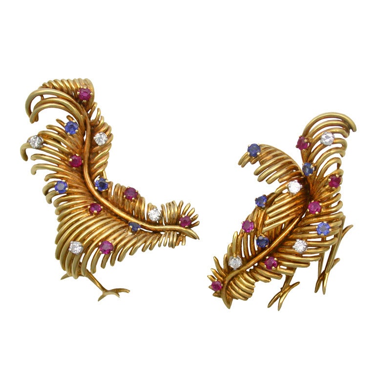 Pair Whimsical French Bird Brooches For Sale