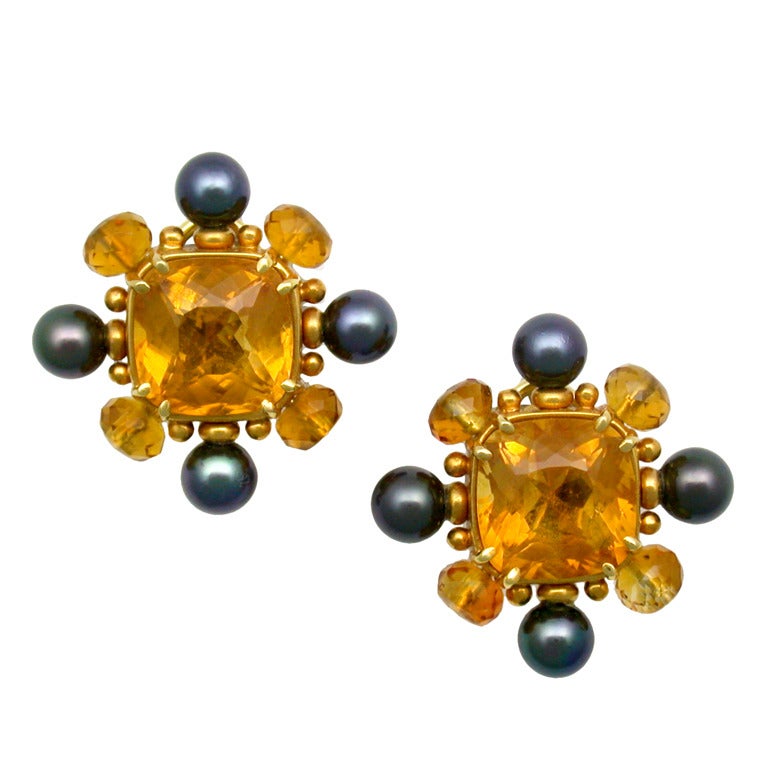 Trianon Citrine Black Pearl Earclips For Sale