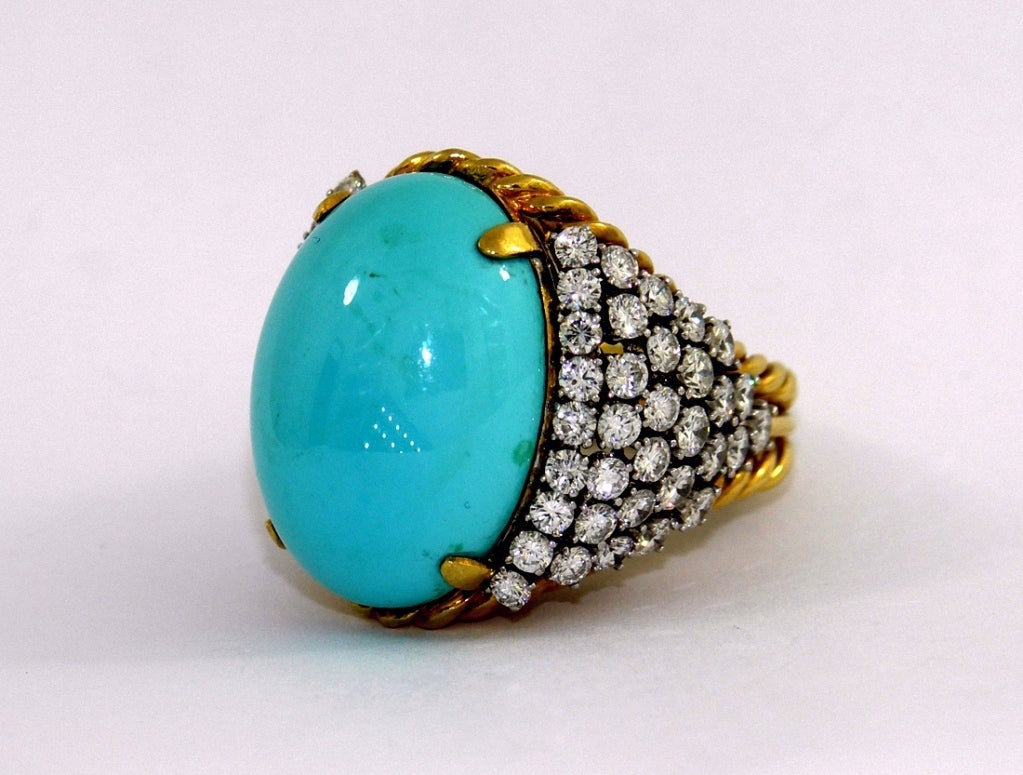 Turquoise Ring with Diamond Embelished Sides In Excellent Condition In Palm Beach, FL