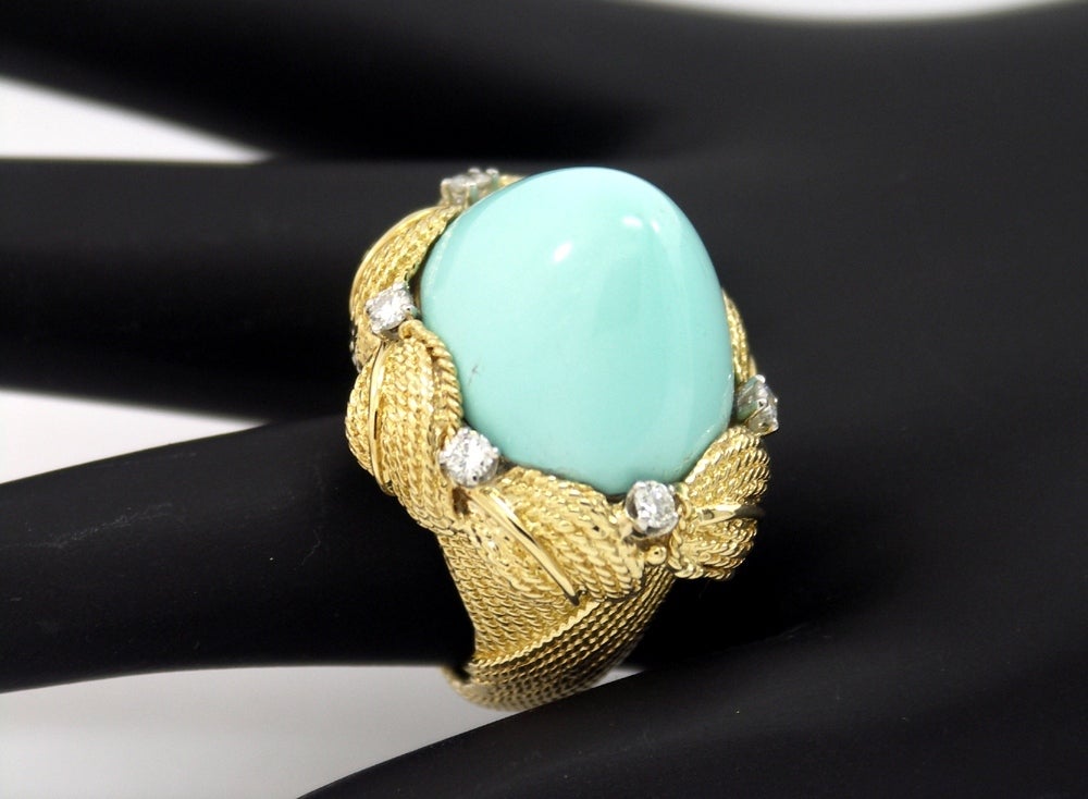 David Webb Turquoise and Diamond Ring In Excellent Condition In Palm Beach, FL