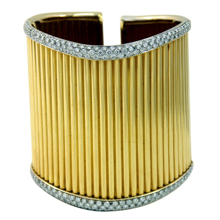 Diamond Set Gold Cuff Ribbed Design Bracelet