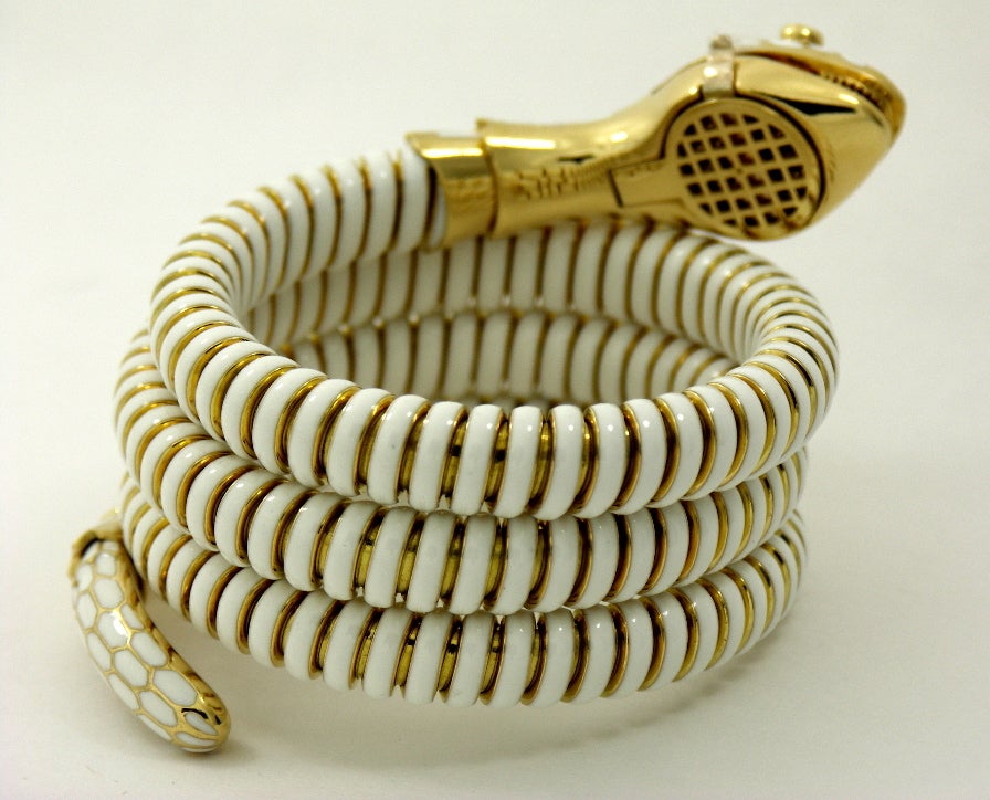 Contemporary Rare Italian 1970s White Enamel Gold Snake Watch Bracelet