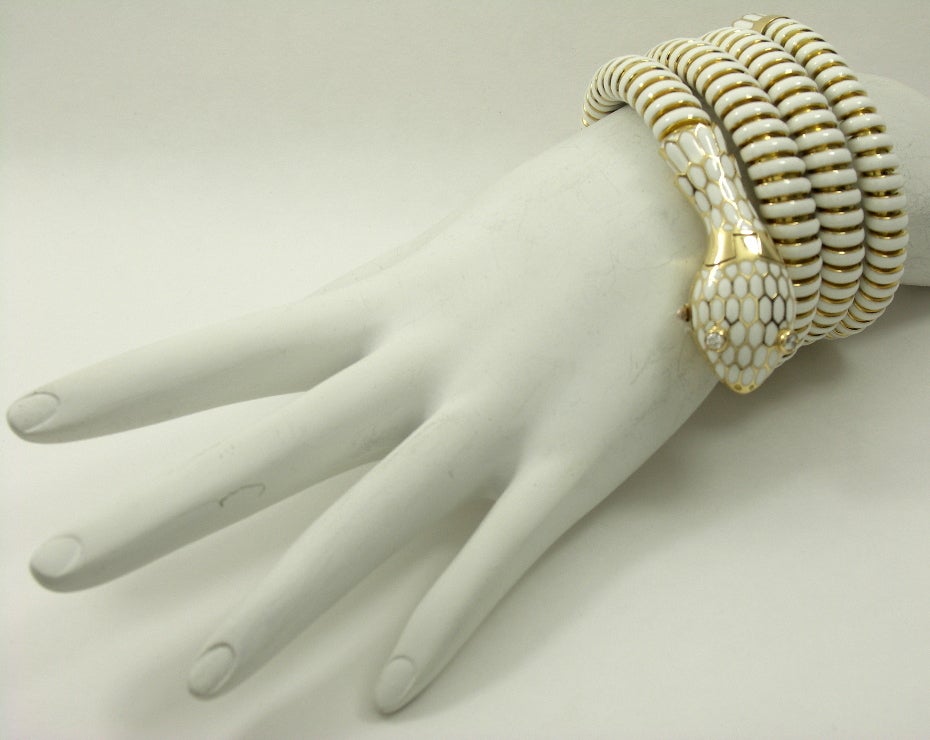 Women's Rare Italian 1970s White Enamel Gold Snake Watch Bracelet