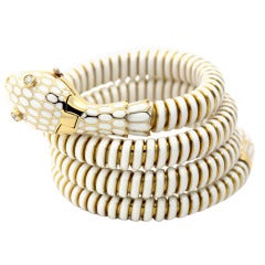 Rare Italian 1970s White Enamel Gold Snake Watch Bracelet