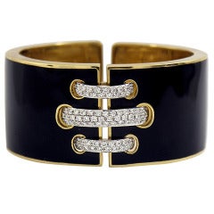 David Webb Black Enameled Diamond Gold Bangle