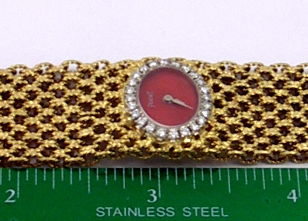 Women's Piaget Lady's Yellow Gold Bracelet Watch with Coral Dial and Diamond Bezel