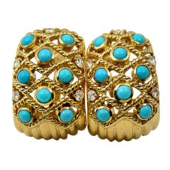 1970s Sabbadini Turquoise Diamond Gold Earrings