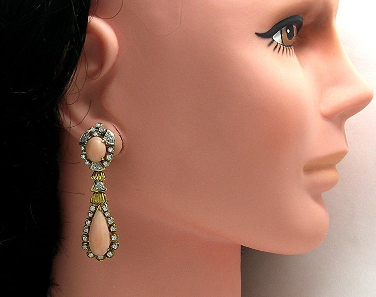 Angel Skin Coral Diamond Gold Earrings In Excellent Condition In Palm Beach, FL
