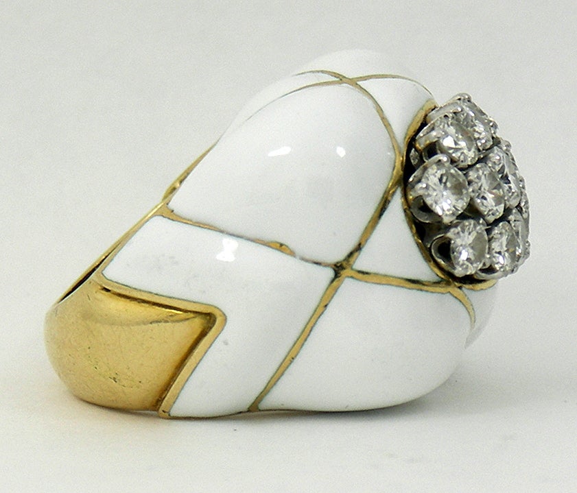 David Webb White Enamel Diamond Ring In Excellent Condition In Palm Beach, FL