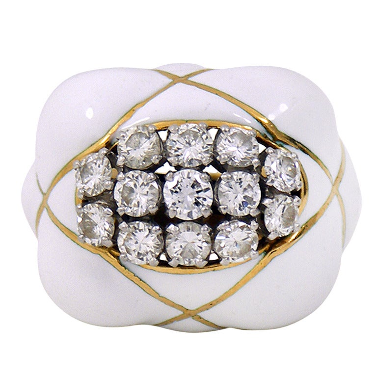 David Webb White Enamel Diamond Ring