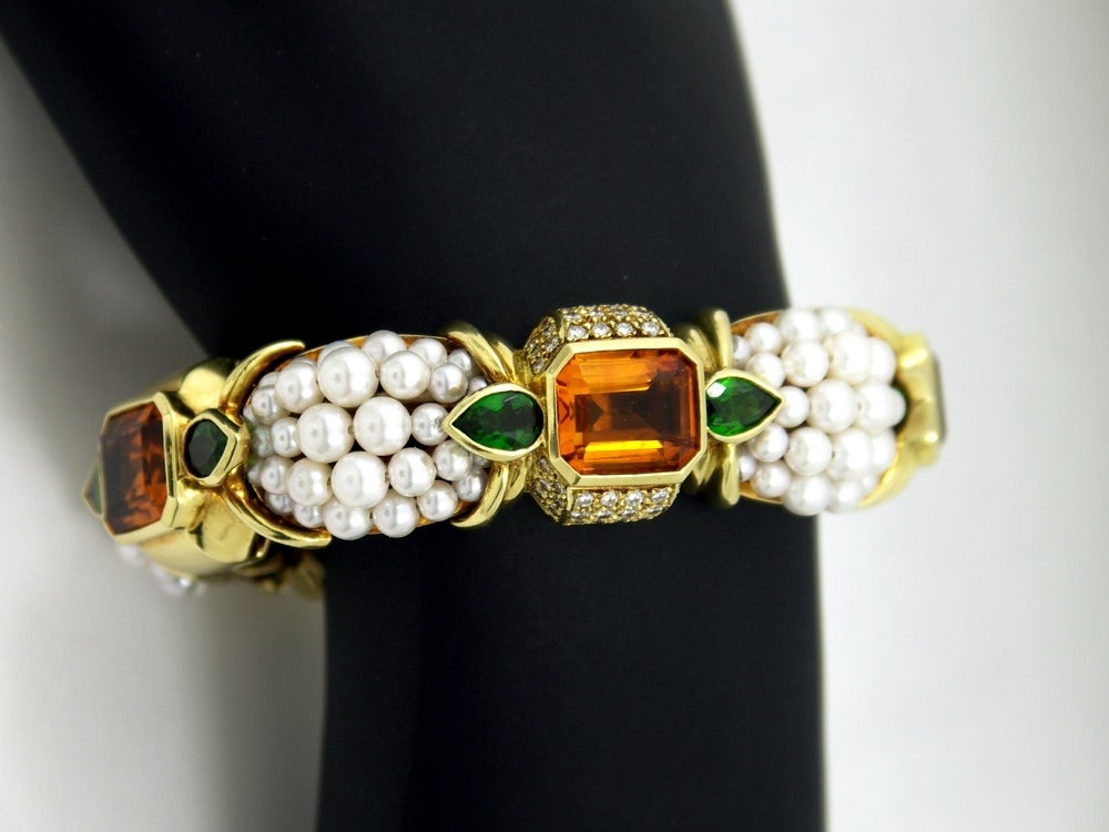 Stevens Pearl, Diamond, and Gemstone Bracelet In Excellent Condition In Palm Beach, FL