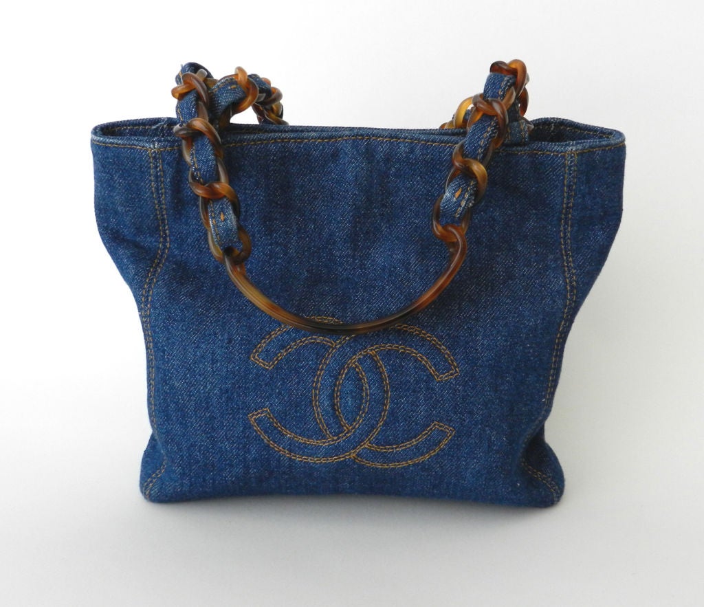 Chanel Denim Purse with Tortoise Handles 2