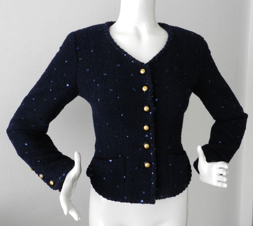 Chanel 1993 A Navy Boucle Jacket w Sequins