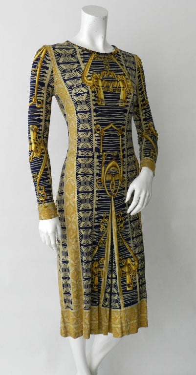 Hermes 1970's Silk Jersey Patterned Dress In Excellent Condition In Toronto, ON