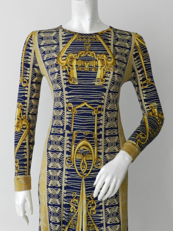Women's Hermes 1970's Silk Jersey Patterned Dress