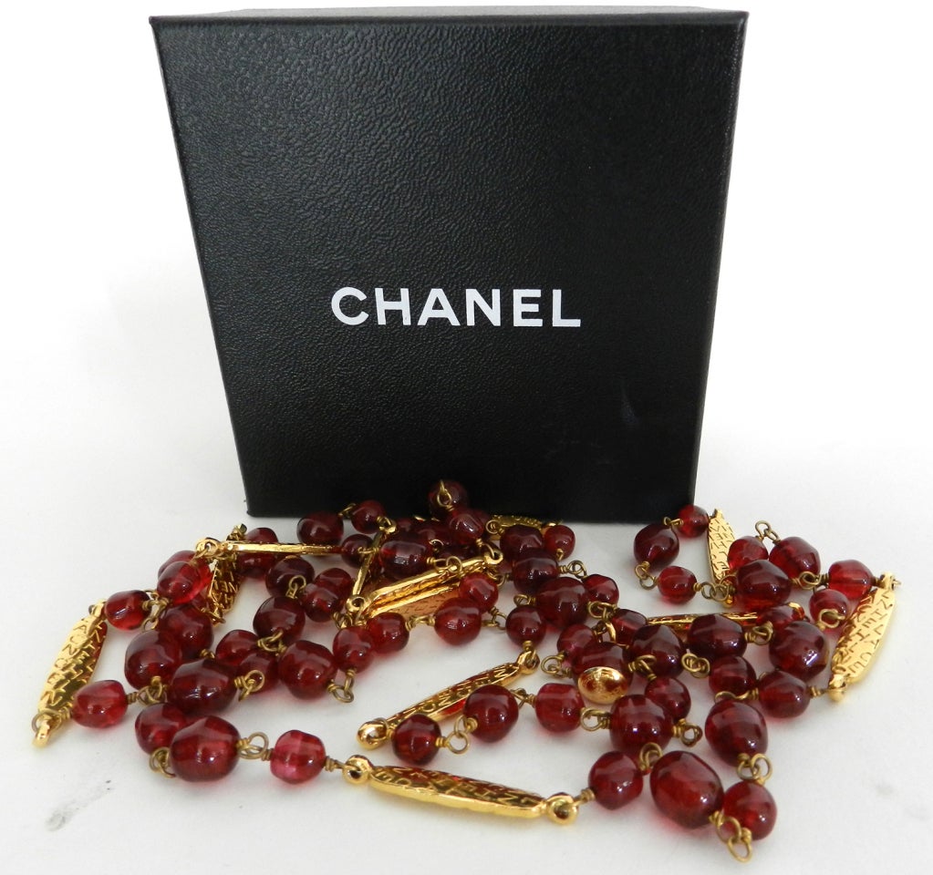 Women's Chanel Red Bead and Gold Logo Sautoir Necklace