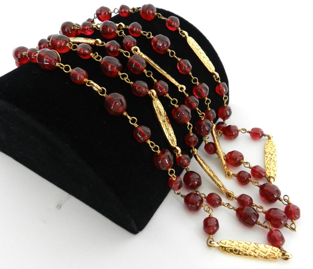 Chanel Red Bead and Gold Logo Sautoir Necklace 1