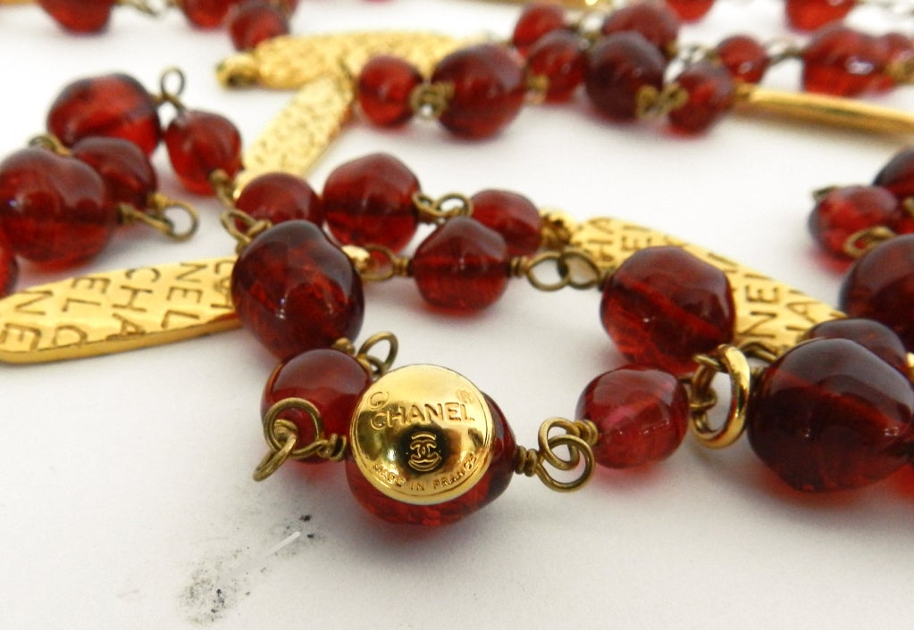 Chanel Red Bead and Gold Logo Sautoir Necklace 2
