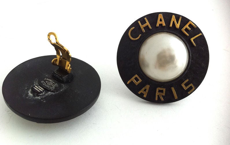 Women's Chanel Paris Black Enamel & Pearl Earrings