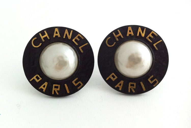 Chanel Paris Black Enamel & Pearl Earrings 1