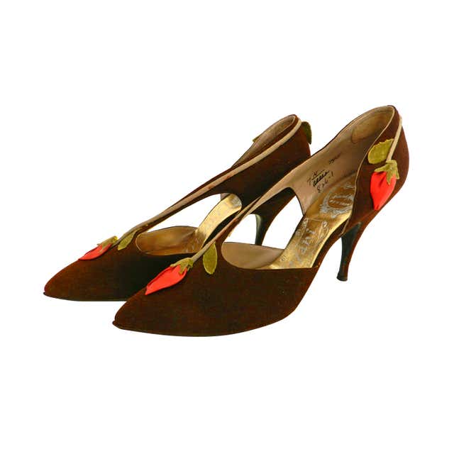 1950's Brown Suede Shoes with Rosebuds at 1stDibs