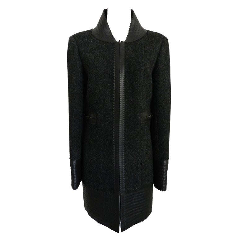 Chanel Wool Jacket Coat with Leather Trim at 1stdibs
