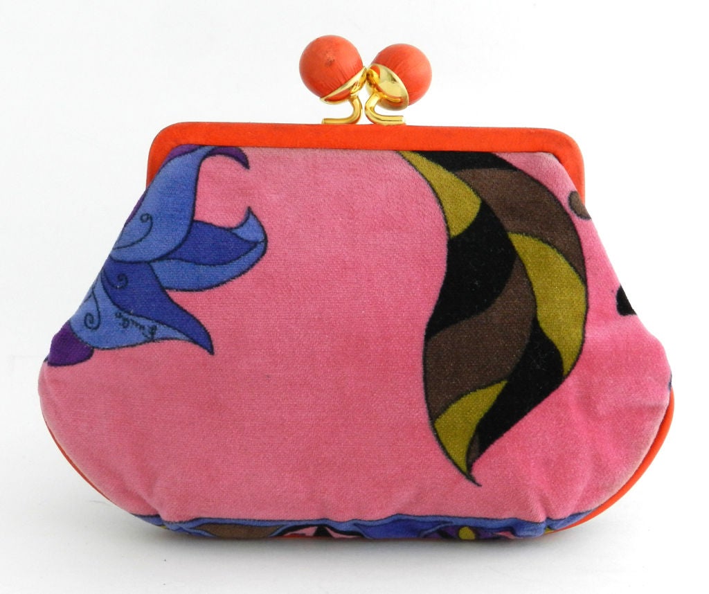 Vintage 1960's Emilio Pucci small wallet/clutch.  Vibrant blue and pink velvet design with soft orange leather interior and clasp.  Measures 8