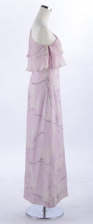Vintage Geoffrey Beene 1970s dress. One shoulder design with sheer lilac silk overlay. Bust 32