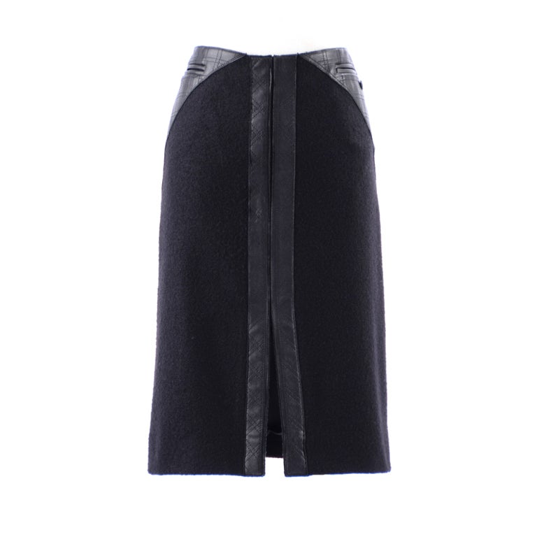 Chanel Black wool and Leather Skirt at 1stdibs