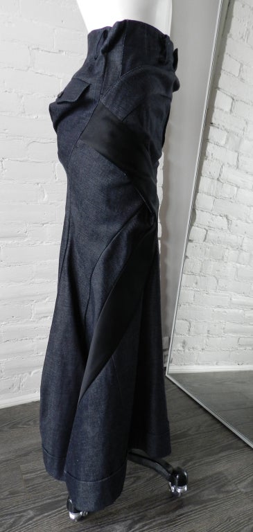 Junya Watanabe Comme des Garcons 2007 Spring runway denim and silk satin skirt. Beautiful avant garde cutting.  Sits low on waist, fitted to above knee, and flares out. Tagged size SS (approx. USA XS). Low waist is 29
