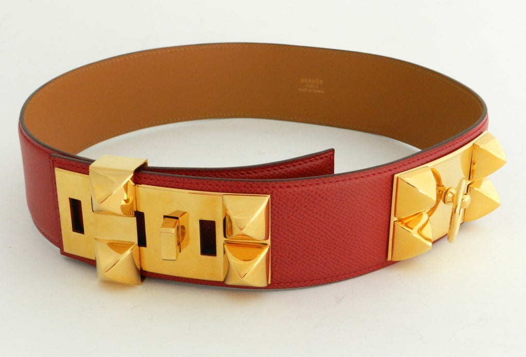 Hermes Collier de Chien vintage red belt. Goldtone hardware, epsom leather, date stamped for 1996. Excellent well-cared for.  Marked size 68cm / 26
