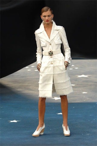 Chanel 2008 Spring/Summer runway dress coat. Amazing buttery soft lambskin leather, matte goldtone hardware, and tweed skirt.  Comes with matching runway belt made of suede and Gripoix glass jewelled buckle.  Never worn - like new condition with no