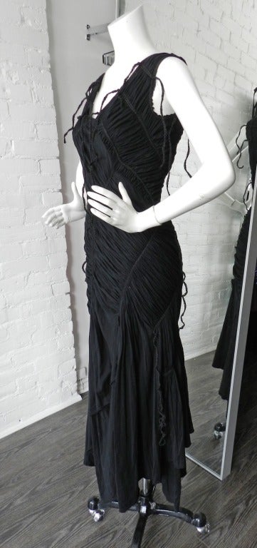 Issey Miyake Black Ruched Dress with Jute Fringe In Excellent Condition In Toronto, ON