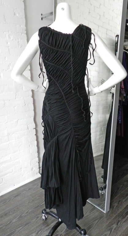 Women's Issey Miyake Black Ruched Dress with Jute Fringe